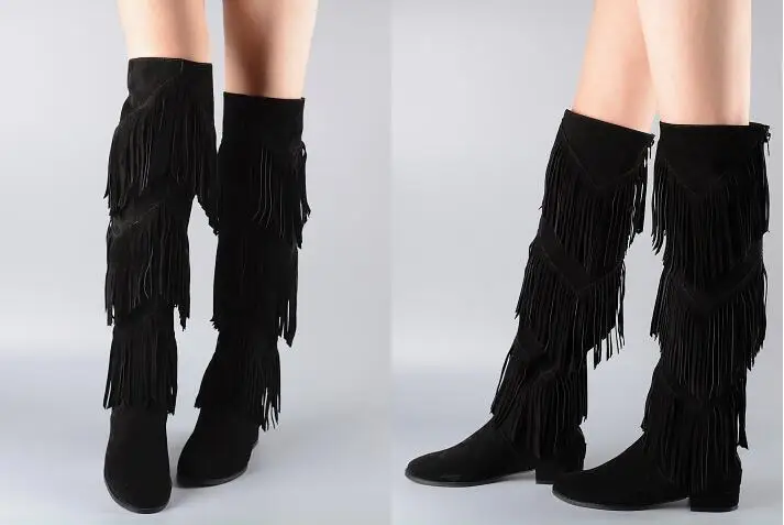 2017 New Arrival Autumn Winter Boots Women Black Dark Gray Knee High Boots Three Layers Fringe Boots Fashion Flat Heels Shoes