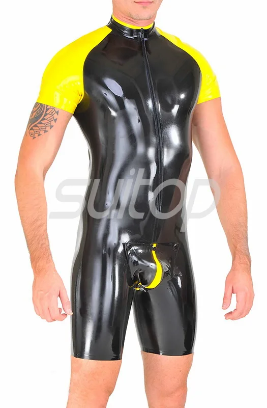 

latex tracking suit latex catsuit male's jumpsuits rubber teddies in heavy latex 0.6 mm with front zip to waist with cop pieces