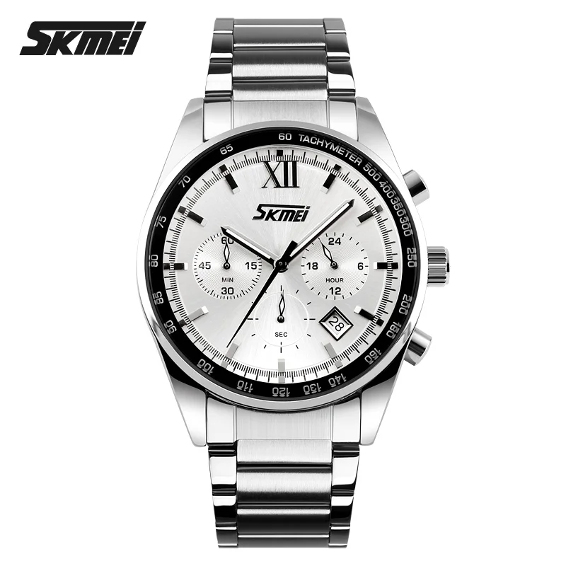 SKMEI Watches for Men Luxury Top Brand Quartz Watch Full Stainless Steel Analog Display Fashion Calendar Chronograph Wristwatch