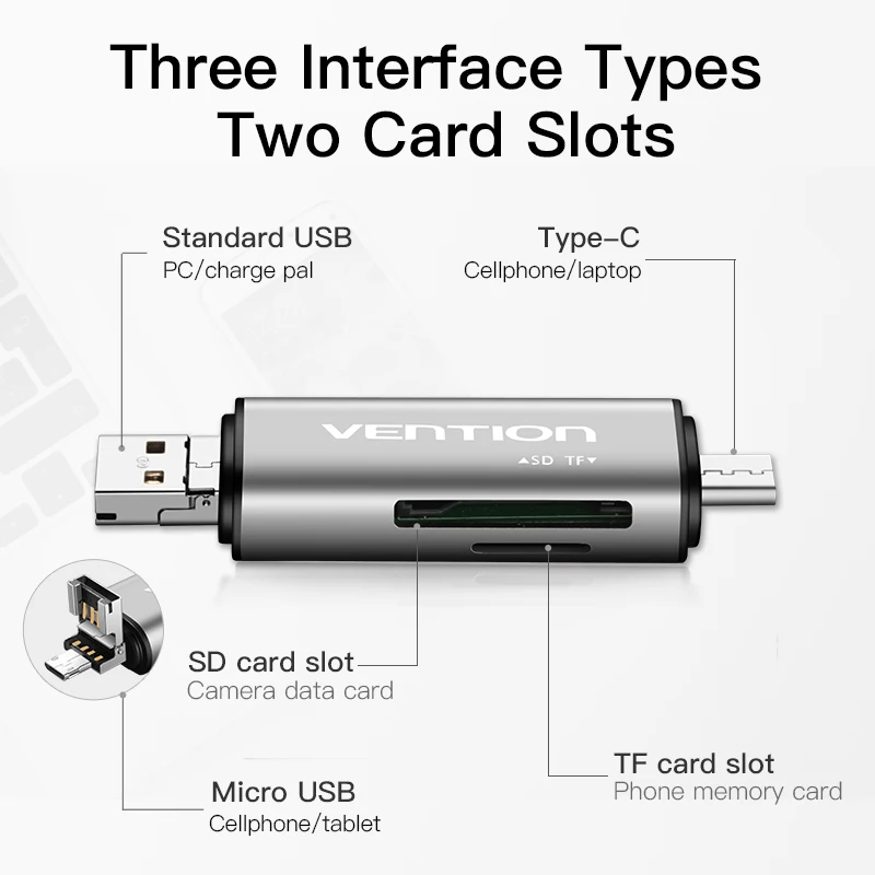 Vention Mini SD การ์ดอ่าน OTG USB 3.0 2.0 Micro USB 3.0 2.0 ประเภท C เครื่องอ่านการ์ด Micro SD TF Card Reader สำหรับแล็ปท็อปพีซี