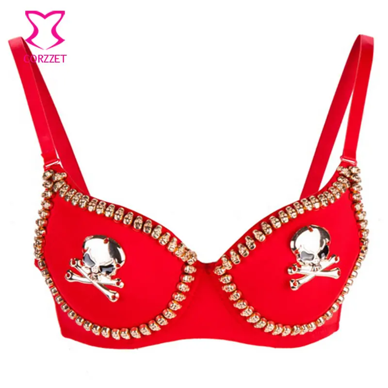 

Punk Rave Gold Skull Studded Cropped Push Up Bra Soutien Gorge Sexy Lingerie Bralette Burlesque Pirate Bra Top Red Brasier Mujer