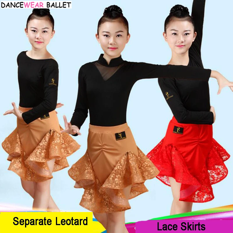 Girls Latin Ballroom Latin Dance Skirt Sumba Rumba Salsa Tango Skirts Kid Child Lace Latin Dance Split Dress With Leotard Skirt