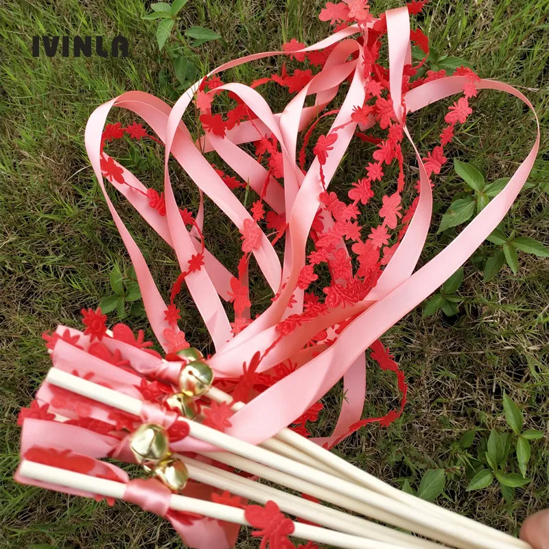 30pcs/ watermelon red  wedding ribbon  wands with gold bell  ribbon Twirling Streamers wedding ribbon stick