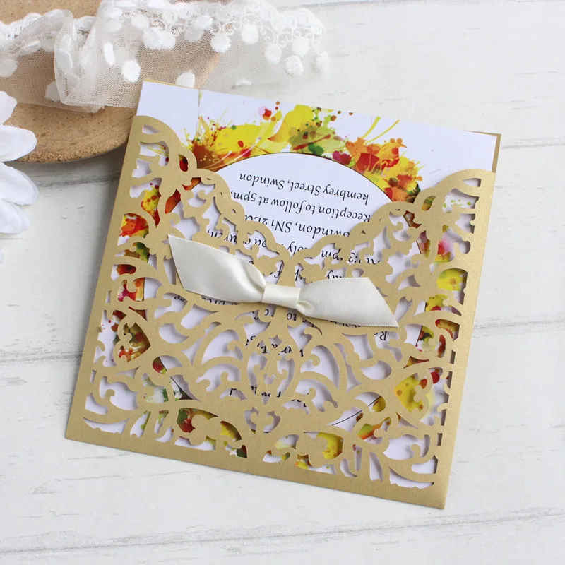 Gold customized wedding invitation lace laser cut pocket bridal shower baby shower invitations 50pcs multi colors