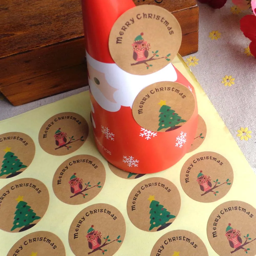 120Pcs Merry Christmas Tree Owl Handmade Cake Packaging Sealing Label Kraft Sticker Baking DIY Gift Stickers