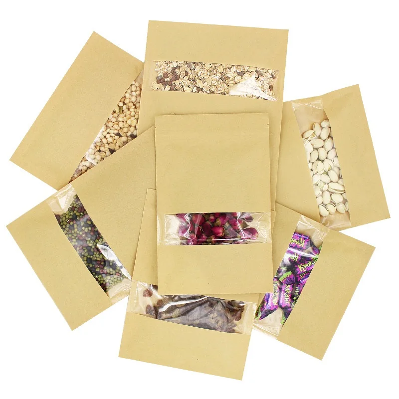 

1000Pcs/Lot Kraft Paper Food Bag , Reusable Sealing Bag Pouch With Clear Window For Storing Cookie Dried Food Snack Wholesale