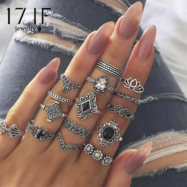 Daxi Fashion Rings Vintage Gothic Ring Set For Women Jewelry Womens Silver Color Rings Set For Women Crystal 15pcs set Rings AliExpress