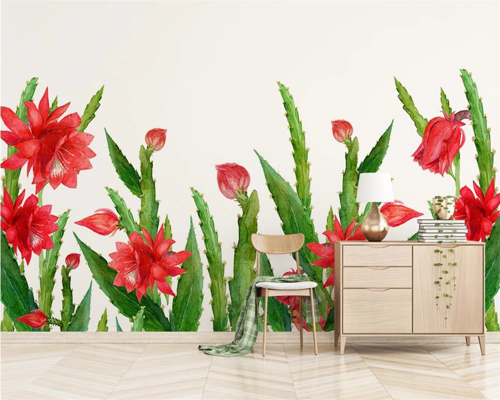 Custom Wallpapers Handmade Pastoral Plants Flowers Cactus TV Wall Background Wall Decorative Paintings 3d wallpaper