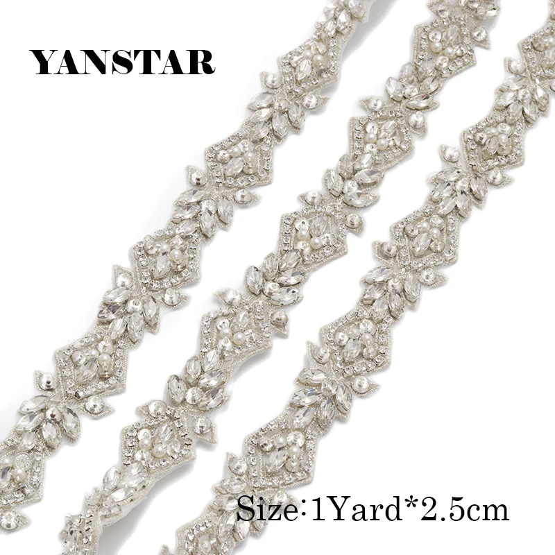 YANSTAR 10Yard Handmade silver crystal  Rhienstone Applique  Rose gold Bridal Belt  Trim Iron On Wedding Dress Belt YS912