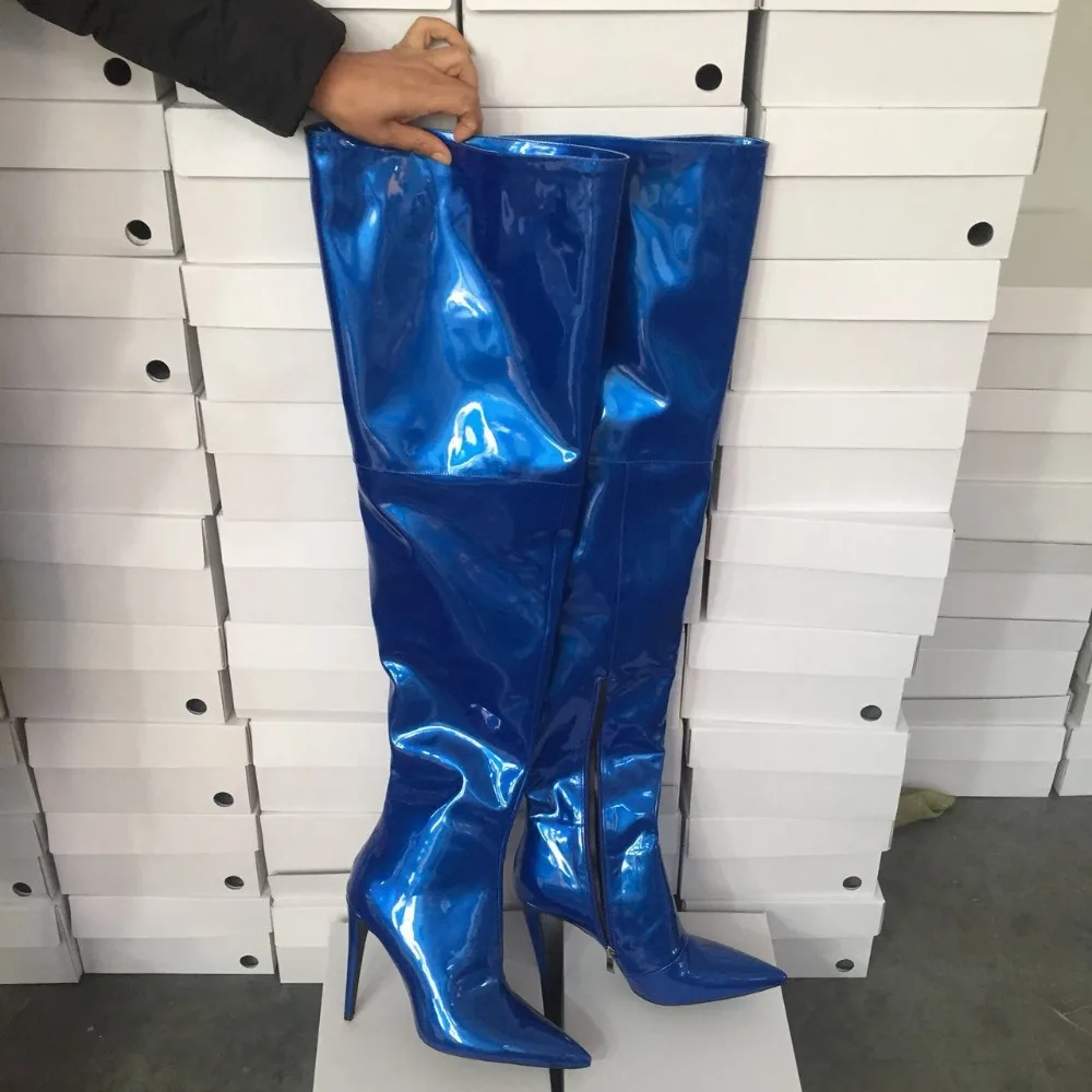 Chaussures Femme Blue Thin Knee High Heel Crotch Leather Long Overknee Boots Night Club Sexy Girls Ladies Shoes Woman Size47