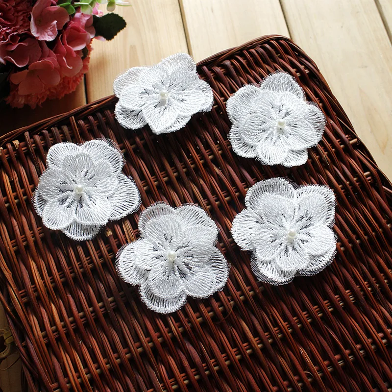 White Mesh Embroidery Fabric Lace Patch, 3D Beading Flower, Wedding Dress Applique, DIY Clothes, 10 Pcs, Lot