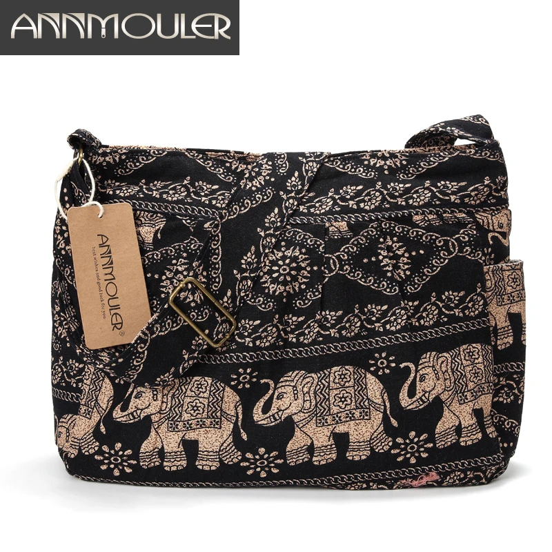 Annmouler duża damska torba na ramię tkanina bawełniana Crossbody torba Tribal nadruk słonia torba typu Hobo miękka regulowana torba