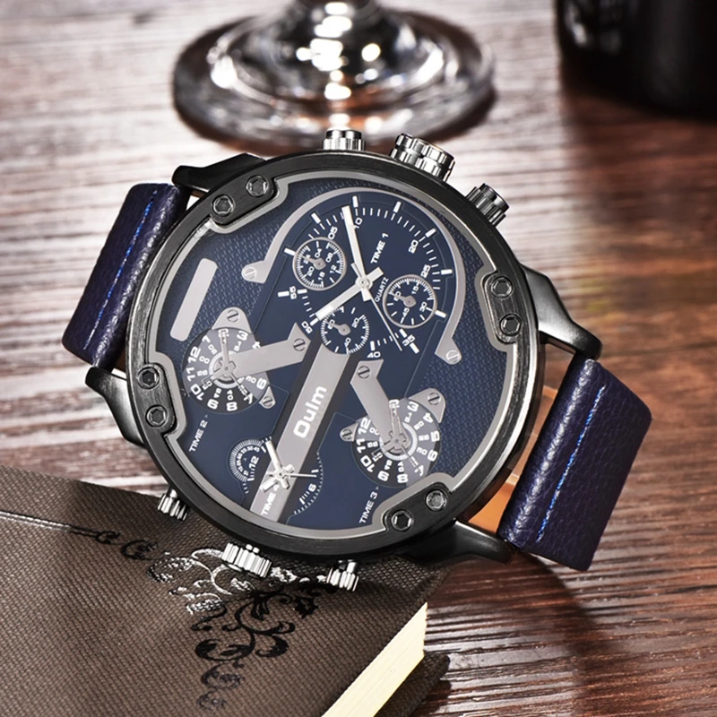 

Oulm 3548 Men Top Brand Luxury Quartz Watch 2 Time Zone Casual Watches Big Face Male Leather Wristwatch Relojes Hombre