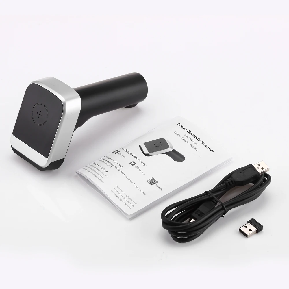 Eyoyo-1900 Barcode Scanner, Sem Fio, Leitor de Código de Barras, Bluetooth, PDF417, QR, 2D, Data Matrix, UPC Scanner, Coaxial