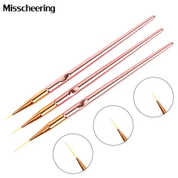 로즈 골드 네일 아트 라인 페인팅 브러쉬, 금속 손잡이 얇은 라이너 드로잉 펜, DIY UV 젤 팁 디자인 매니큐어 도구 키트, 3 개/세트