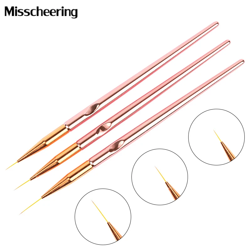 3pcs/set Rose Gold Nail Art Line Painting Brushes Metal Handle Thin Liner Drawing Pen DIY UV Gel Tips Design Manicure Tool Kits