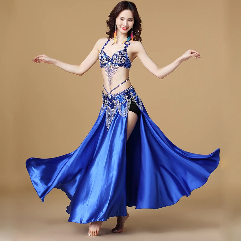 Belly Dance เครื่องแต่งกายเต้นรำอินเดีย 3 pcs Bra & เข็มขัดและกระโปรงเซ็กซี่เต้นรำผู้หญิงเสื้อผ้าชุด bellydance สวมใส่ 8 สีสำหรับเลือก