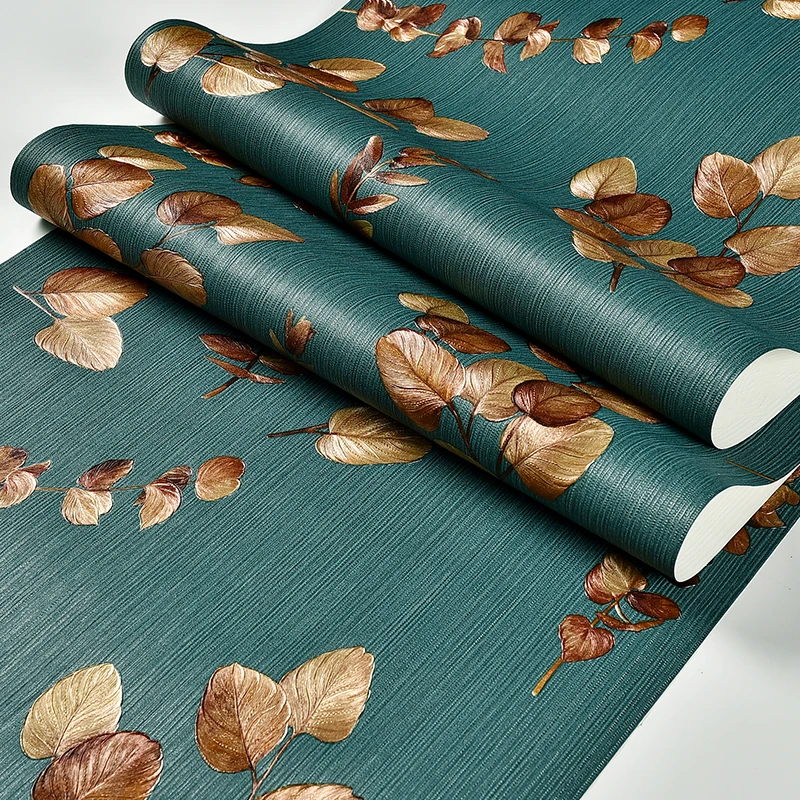 New Rustic Leaf Wall Papers Home Decor Thin Strip Peacock Blue Green Wallpaper Roll for Living Room Bedroom Decoration Mural