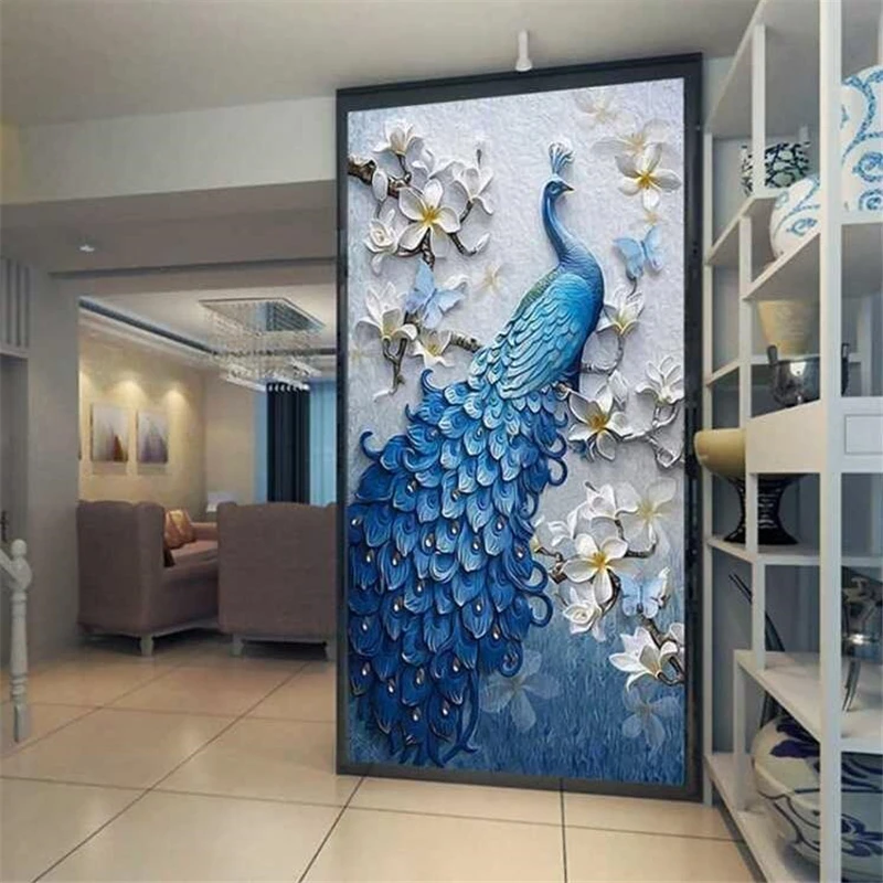 beibehang Custom wallpaper 3d mural modern fresh embossed oil painting peacock porch background decorative painting 3d wallpaper