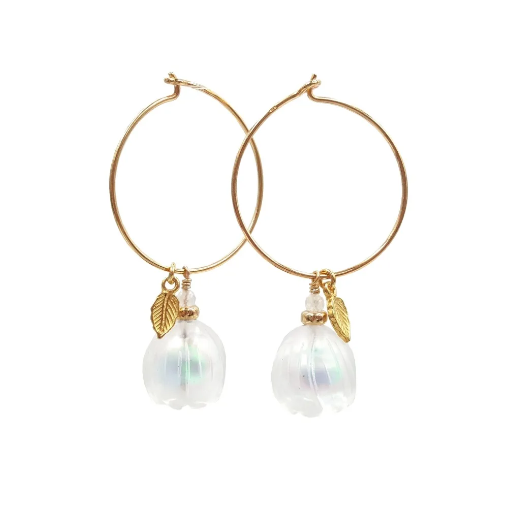 Lii Ji Natural Crystal/Clear Quartz Flower 925 Sterling Silver 18K Gold Plated Leaves Hoop Earrings Dropshipping