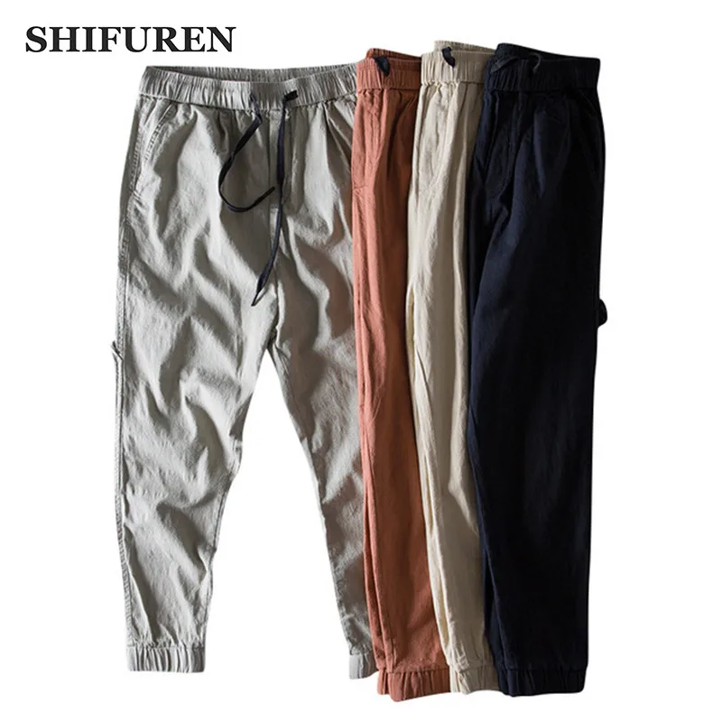 

SHIFUREN Cotton Pants Men Elastic Waist Joggers Trousers Breathable Causal Male Pants Ankle-Length Loose Style 4 Colors