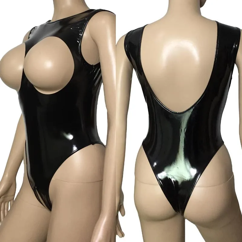 Sexy Women Patent Leather Cupless Crotchless Leotard Open Breast Crotch Wetlook Shiny Teddies Bodysuit Catsuit Hot Lingerie