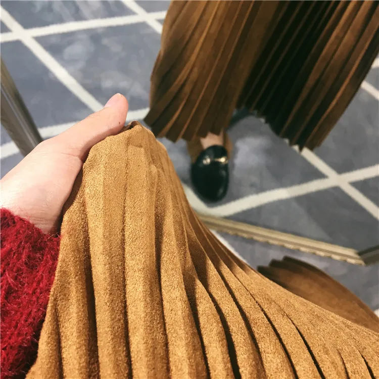 2022 Hot Brand High Quality Women Suede Skirt Autumn High Waist Long Pleated Skirts Womens Saias Faldas Vintage Women Midi Skirt