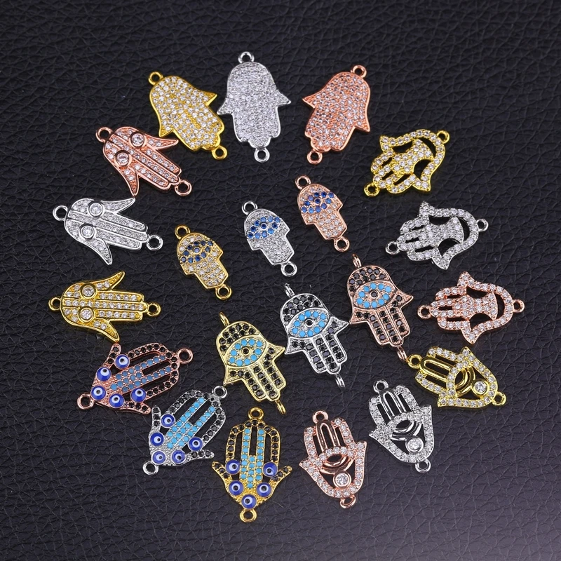 Juya DIY Bracelets Making Accessories Micro Pave Zircon Gold Hamsa Fatima Charm Connectors For Needlwork Jewelry Making