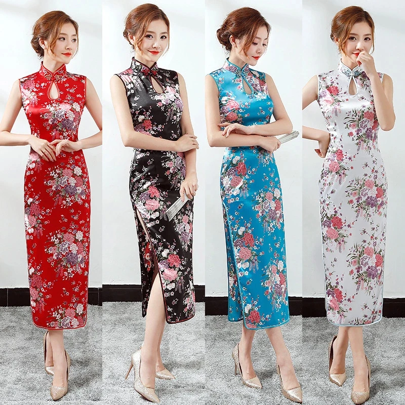 

Elegant Women Silky Satin Qipao Summer NEW Slim Sleeveless Dress Traditional Chinese Style Mandarin Collar Cheongsam Vestidos