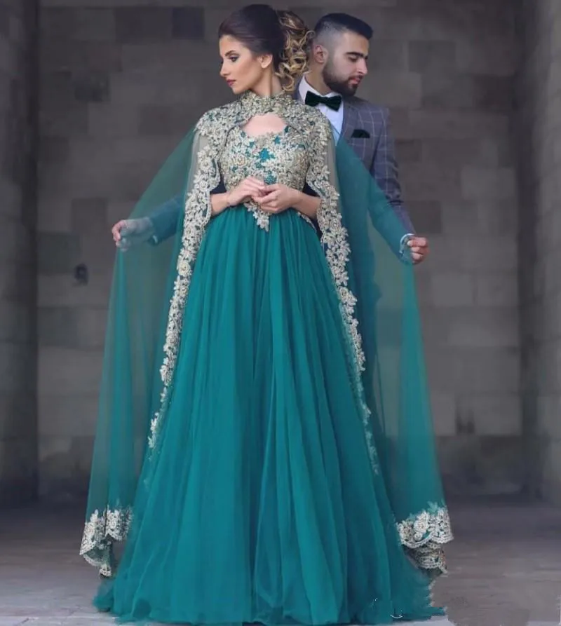 

Emerald Green Muslim Evening Dresses Long A Line Gold Embroidery Crystals With Cape Formal Evening Gown Prom Dress Abendkleider