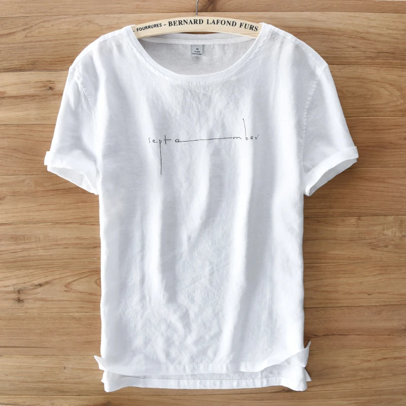 Pure linen t shirt men summer short sleeve men t-shirt O-neck print letter septe-mber t shirts men white solid men tshirt camisa