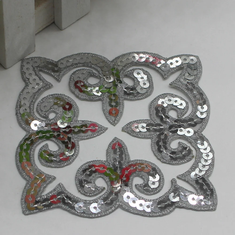 1 Piece Sequined Flower Patches Squared Iron on Applique Padded Costume Trims 9cm*9cm