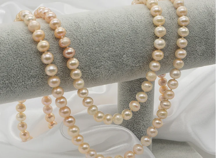 

Wedding women Jewelry Top AAA Pink Natural Freshwater pearl 7-8mm Perfectly Round Real pearl Long Necklace highlight Handmade