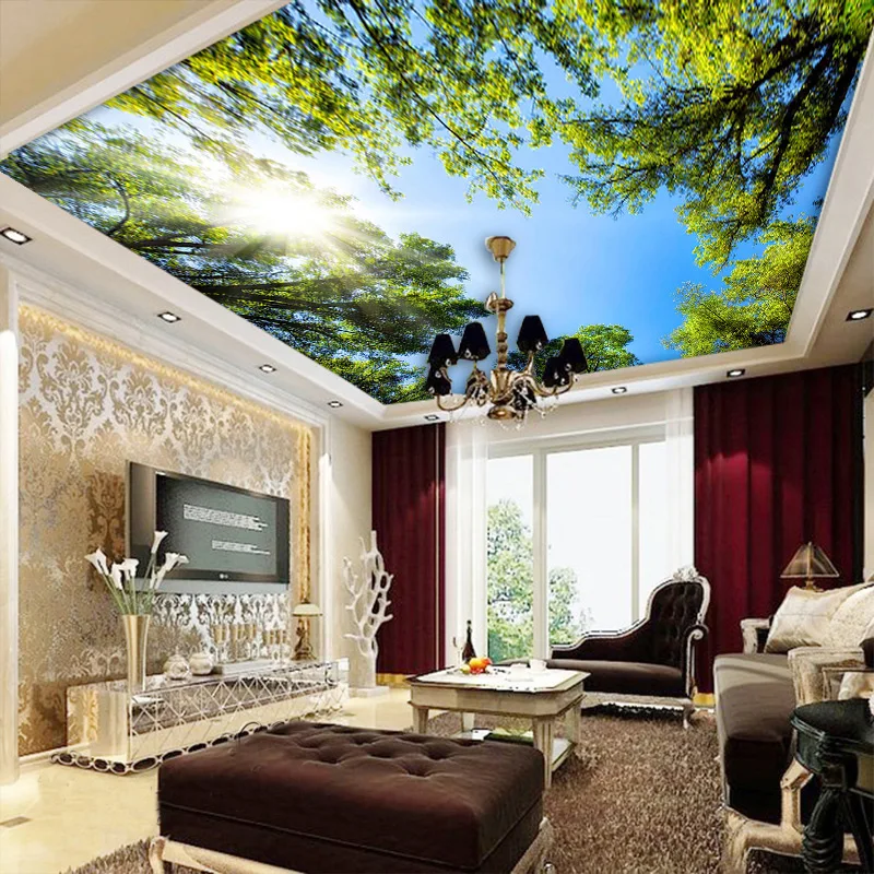 Aangepaste 3D muurschildering behang landschap hemel plafond muurschildering behang zonlicht groen bos hotel restaurant woonkamer achtergrond