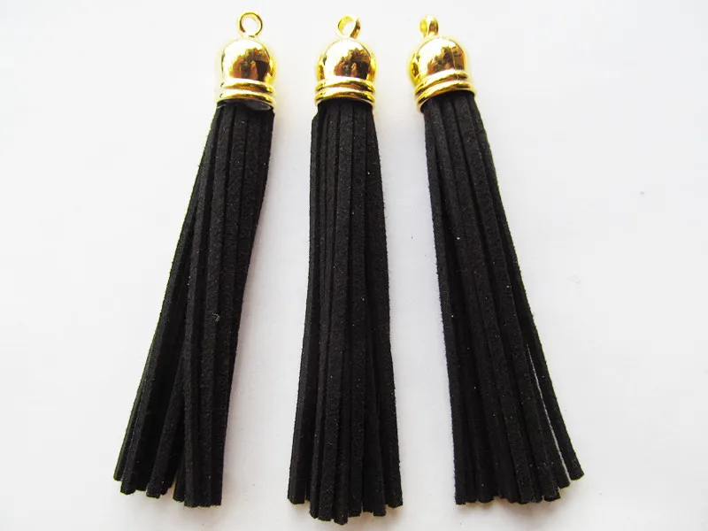 Free Shipping 100Pcs 90mm Black Suede Leather Jewelry Tassel For Key Chains/ Cellphone Charms Top Plated End Caps Cord Tip