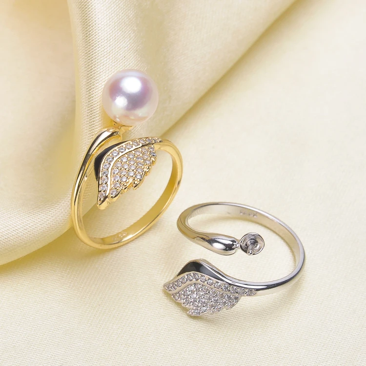 S925 Sterling Silver Feather Design Pearl Rings Settings Angel Wings Pearl Rings Components Silver&Gold Color 3Pcs/Lot