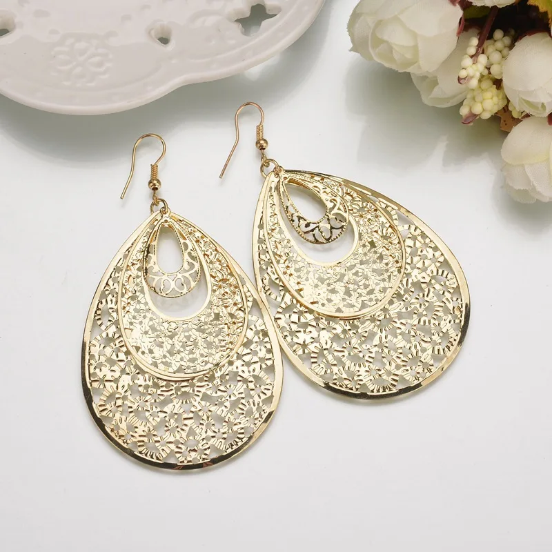 New Exaggerated Metal Big Circle Multi-Level Fashion Retro Round Boho Style Hollow Ladies Earrings