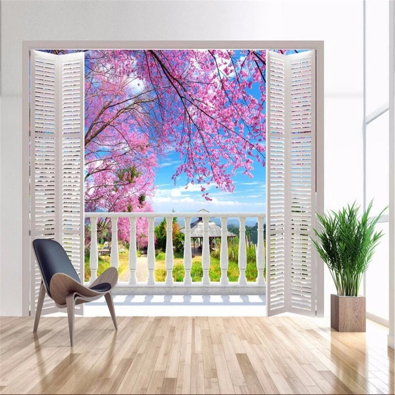 beibehang custom Photo Wallpaper 3D Stereo Large Murals False windows / romantic cherry spring field sofa bed bedroom