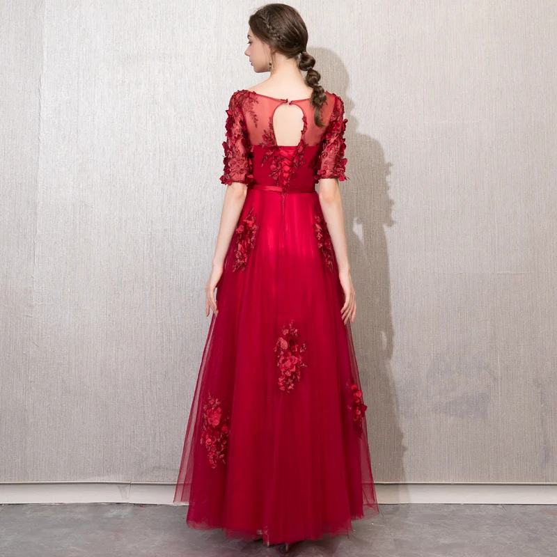 Robe de soiree Wine Red O-Neck Long Evening Dresses Elegant Lace up vestido de festa Banquet Party Prom dresses customized