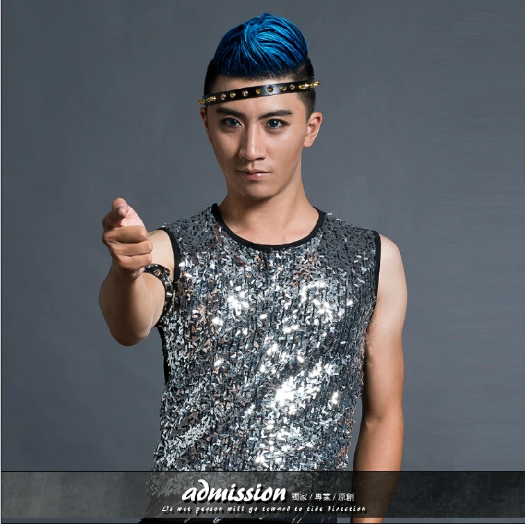 Costumes Mens Stage Punk Clothing Individuality Paillette Sleeveless T-shirt Equipment Performance Male Vest Singer / S-xl