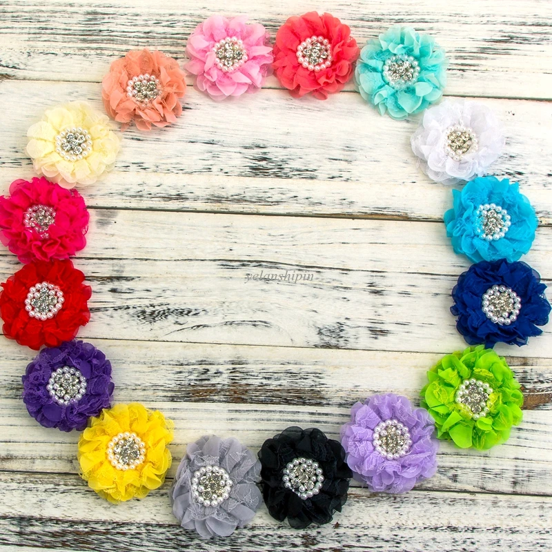 

50pcs/lot 16colors 9cm Shabby Chiffon Petals Poppy Flower+Rhinestones Pearls Hair clips For Girls Hair Accessories Headband DIY