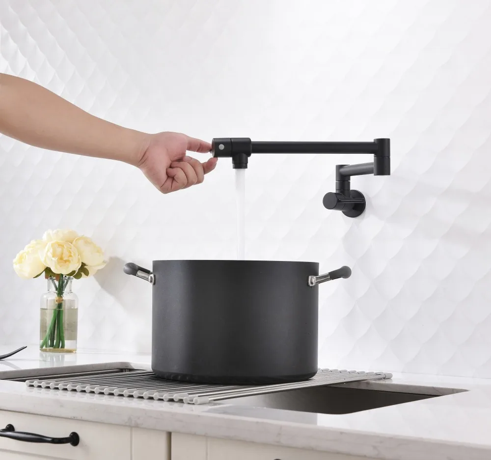 

Brass Kitchen Sink Faucet Black plated Pot Filler Folding Stretchable Double Joint Swing Arm Wall Mount Kitchen Faucet