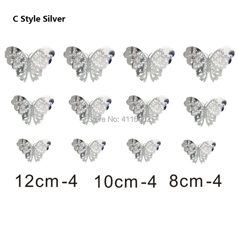 100Sets 12 Pcs/Set 3D Wall Stickers Butterfly Hollow Paper 3Sizes Silver Gold For Fridge Home Party Wedding Decor