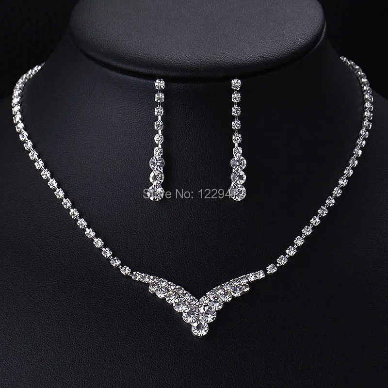 TREAZY Fashion V Shape Rhinestone Crystal Wedding Bridal Jewelry Set Silver Color Necklace Earrings Set For Women Accessories