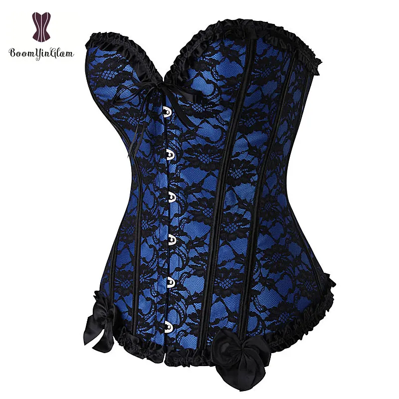 Corsetto Trimmer in pizzo Overbust Gothic Gorset pesce disossato Korse solido rosso blu rosa Beige Korset Top Plus Size 6XL Bustier dimagrante