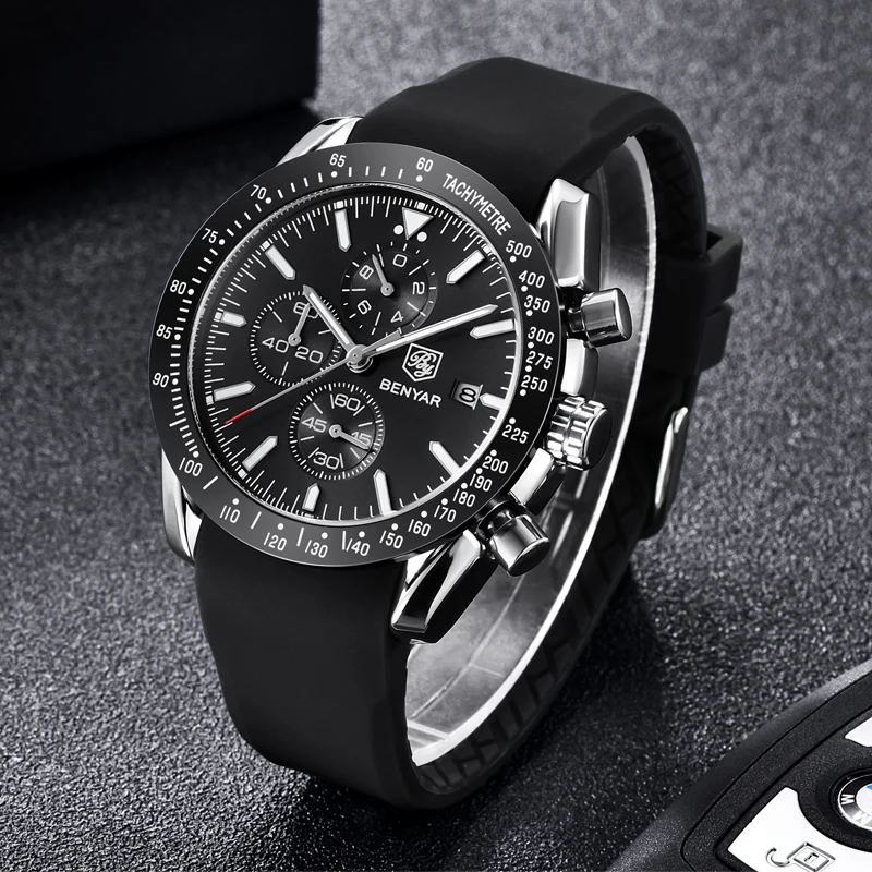 BENYAR Luxury Brand Men stainless steel Quartz watch timing waterproof military chronograph Men\'s Quartz clock relogio masculino