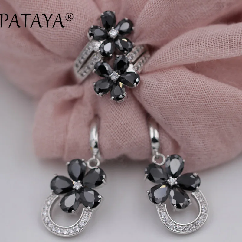 PATAYA RU Hot Sale Women Romantic Jewelry Sets Flower Natural Zirconia Earrings Ring Set True White Gold Color Wedding Jewelry
