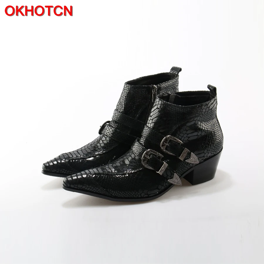 OKHOTCN British Style Autumn Winter Men Boots Fashion Pointy Buckle Ankle Boots Casual Genuine Leather Shoes Double Buckles Bota