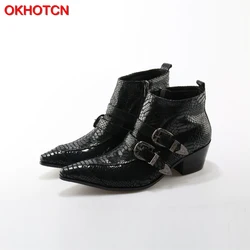 OKHOTCN British Style Autumn Winter Men Boots Fashion Pointy Buckle Ankle Boots Casual Genuine Leather Shoes Double Buckles Bota