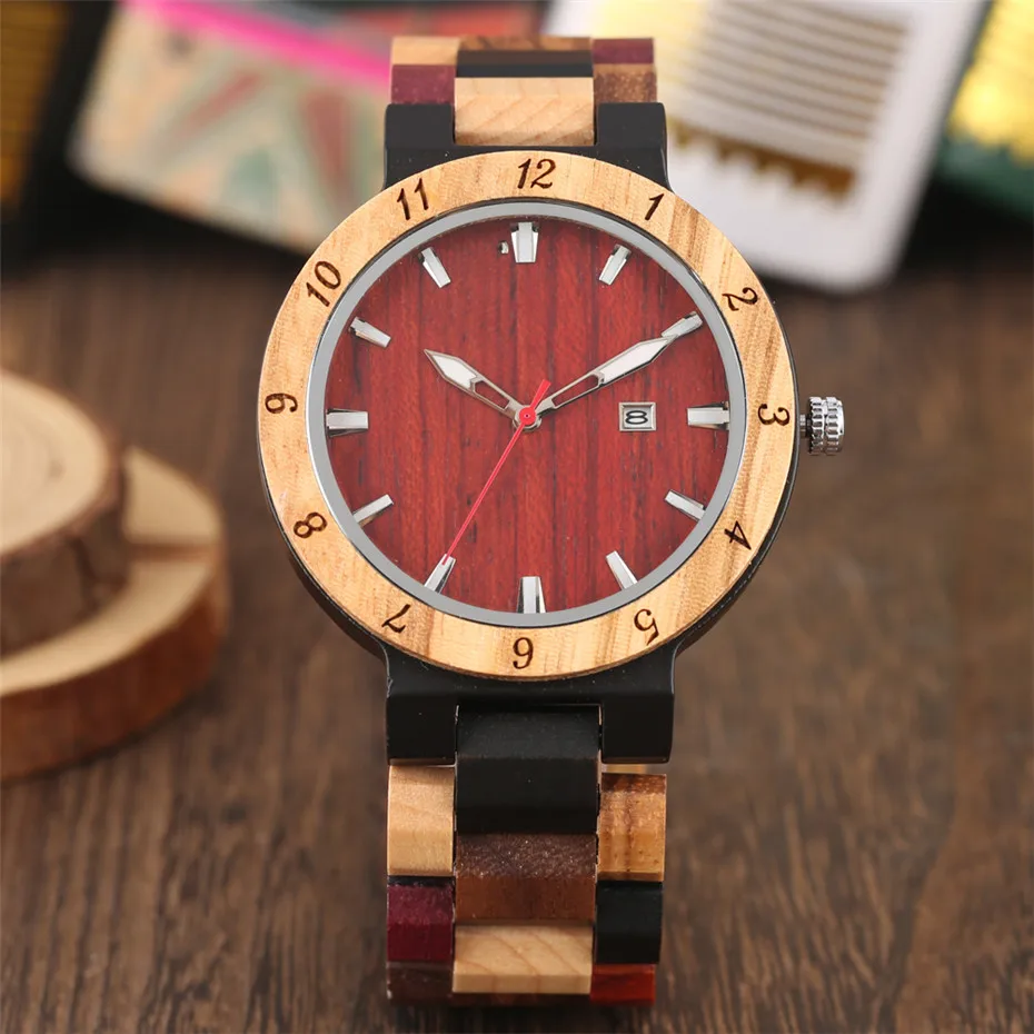 Complete Calendar Display Wood Men Watch Quartz Movement Full Wooden Bangle Men\'s Watches reloj masculino New Arrival 2019